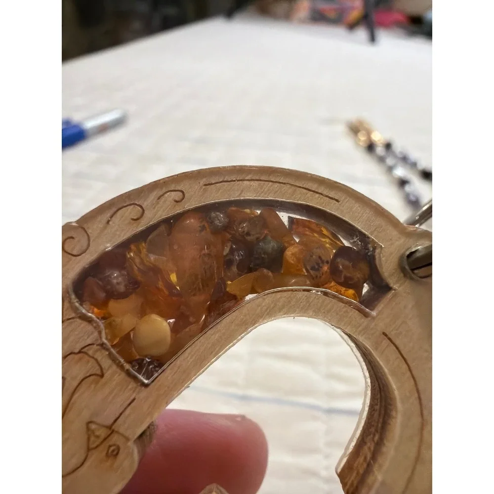 Wooden Letter G Keychain with Amber Stone Inlay Floral Bird Etched Wood Charm